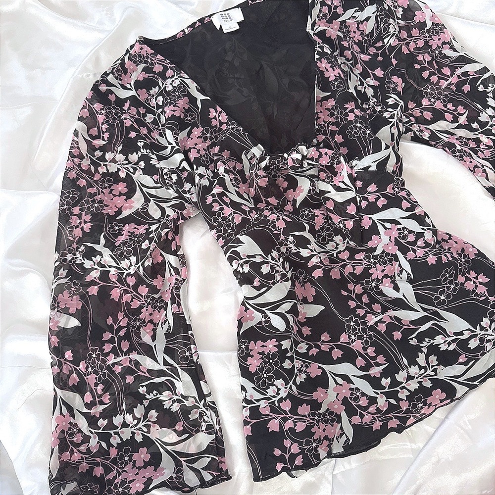 Apt. 9 Floral Bell Sleeve Tie Front Blouse Black Pink Sheer Chiffon Top M